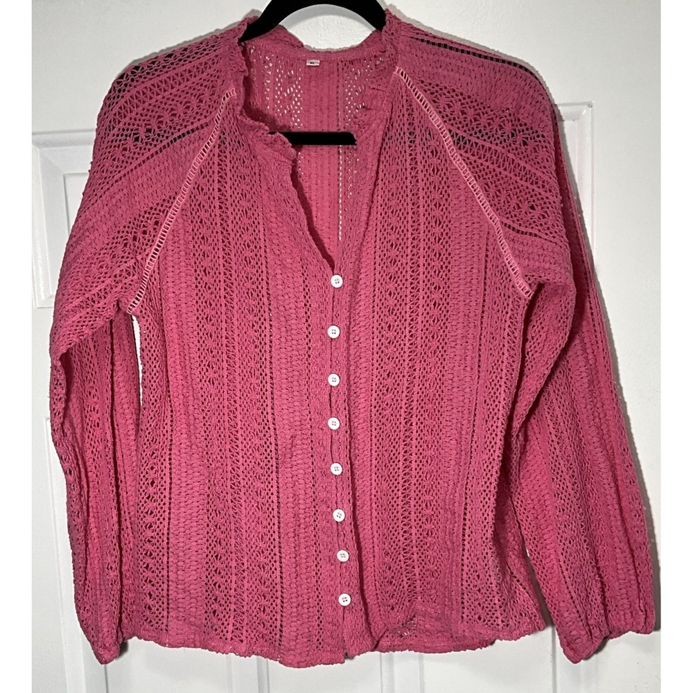 Pink Long Sleeve Button Up Lightweight Cardigan Knit Design Women's XL